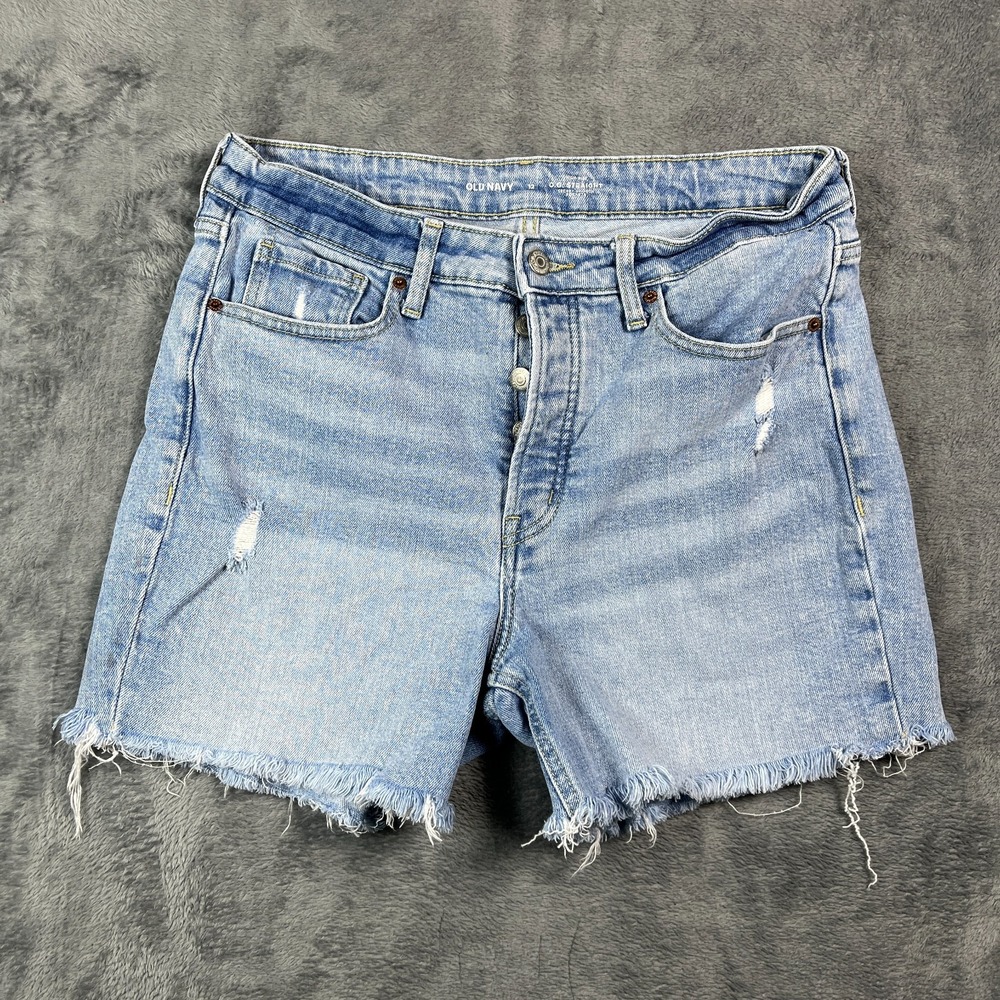 Old Navy High Rise Shorts Womens 12 Blue Whisker Denim Cotton Distressed Raw Hem